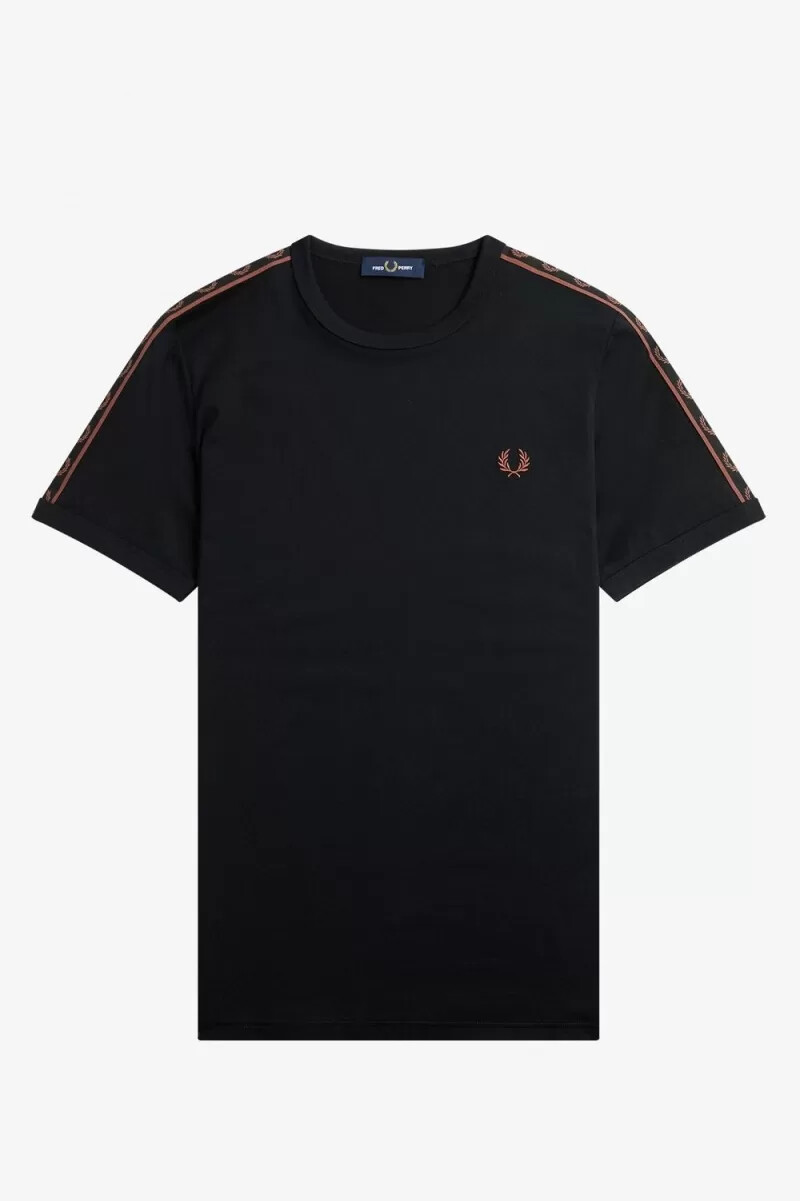 fred perry contrast tape ringer t-shirt da uomo nera whisky marrone