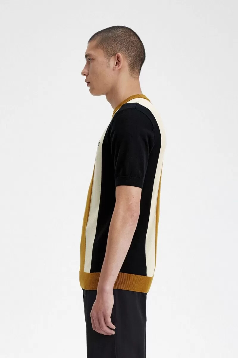 t-shirt da uomo in maglia fine a righe fred perry colore nero avena e caffè scuro