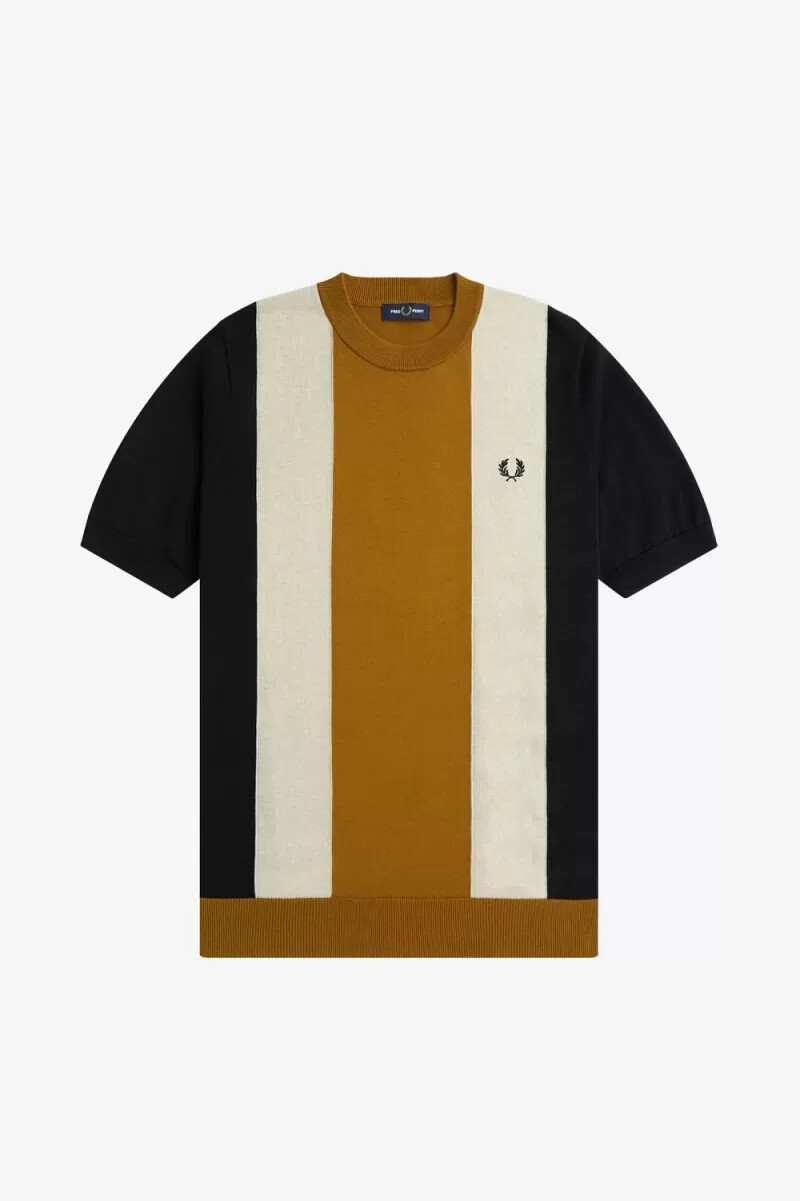 t-shirt da uomo in maglia fine a righe fred perry colore nero avena e caffè scuro