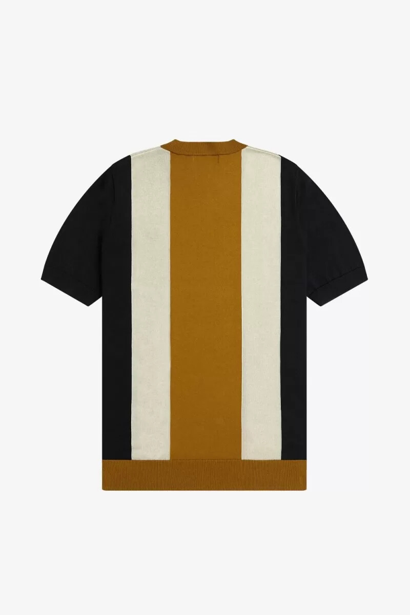t-shirt da uomo in maglia fine a righe fred perry colore nero avena e caffè scuro