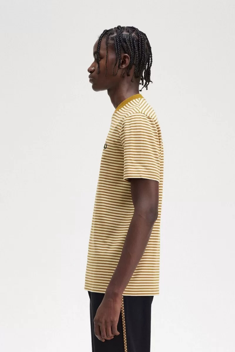 fred perry fine stripe heavyweight t-shirt da uomo color avena e caffè scuro